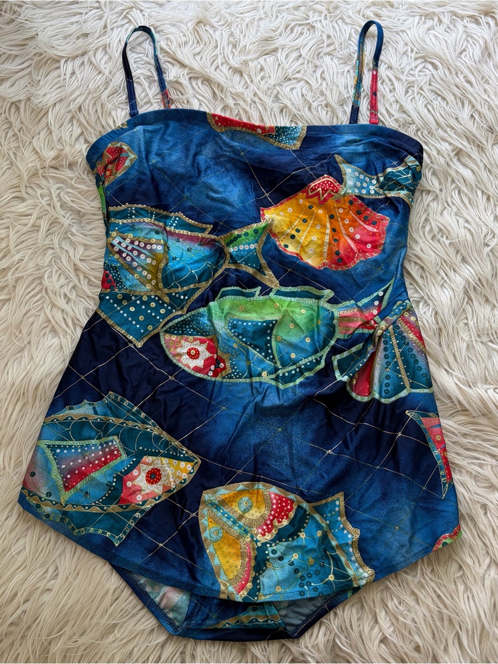 Vintage Gottex One Piece Swimsuit Dress Boho Fish Seashell Print Women’s L - XL